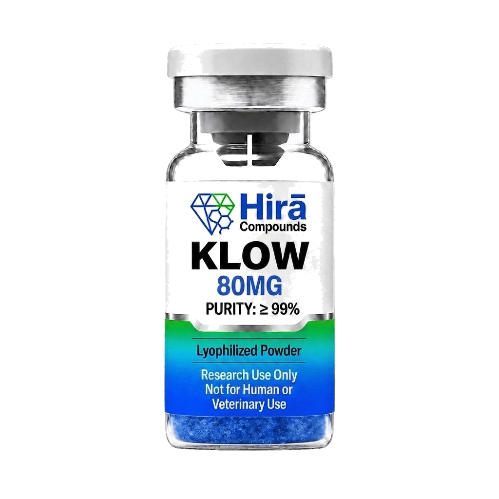 Hira Compounds KLOW 80mg research vial of lyophilized powder, labelled purity greater than or equal to 99 percent, research use only